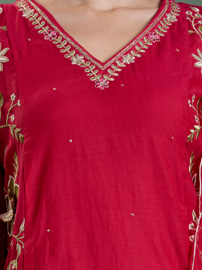 Solid Floral Embroidered Anarkali with Pant & Scalloped Dupatta - Rani