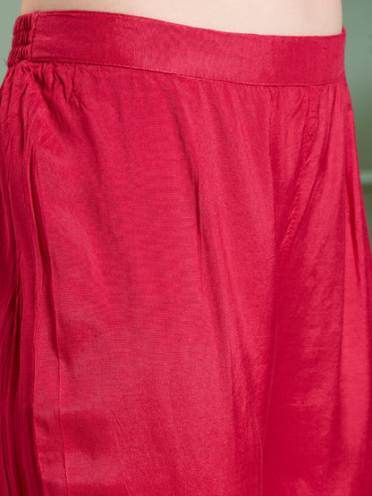 Solid Floral Embroidered Anarkali with Pant & Scalloped Dupatta - Rani