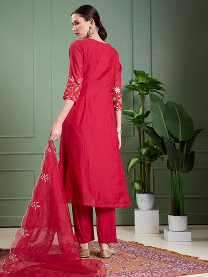 Solid Floral Embroidered Anarkali with Pant & Scalloped Dupatta - Rani