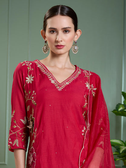 Solid Floral Embroidered Anarkali with Pant & Scalloped Dupatta - Rani