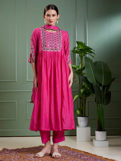 Festive Mirror Embroidered A-Line Pleated with Pant & Scalloped Dupatta - Magenta