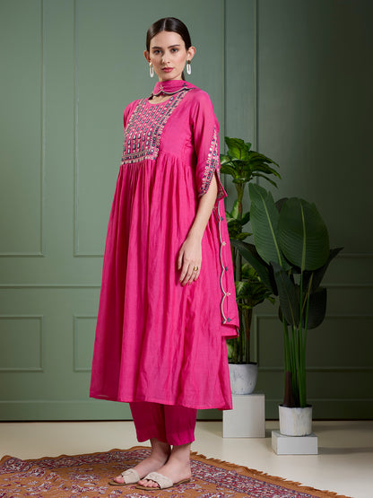 Festive Mirror Embroidered A-Line Pleated with Pant & Scalloped Dupatta - Magenta