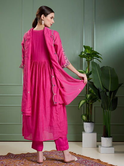 Festive Mirror Embroidered A-Line Pleated with Pant & Scalloped Dupatta - Magenta