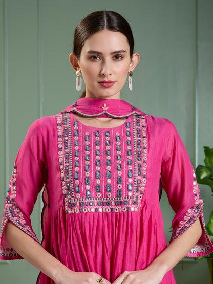 Festive Mirror Embroidered A-Line Pleated with Pant & Scalloped Dupatta - Magenta