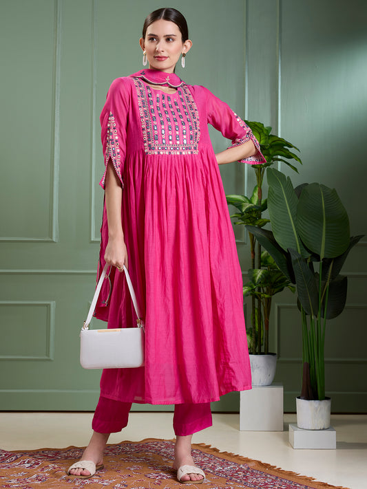 Festive Mirror Embroidered A-Line Pleated with Pant & Scalloped Dupatta - Magenta