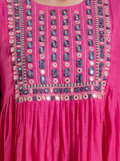 Festive Mirror Embroidered A-Line Pleated with Pant & Scalloped Dupatta - Magenta