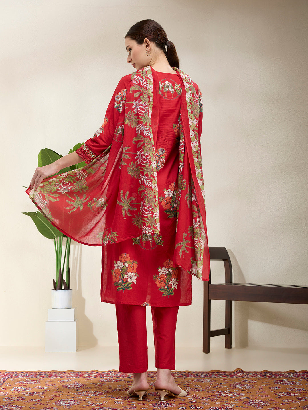 Ethnic Floral Printed Embroidered Straight Kurta with Pant & Dupatta - Red