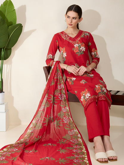 Ethnic Floral Printed Embroidered Straight Kurta with Pant & Dupatta - Red