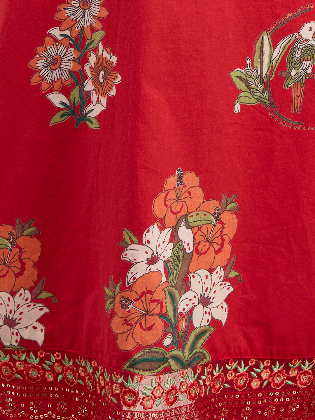 Ethnic Floral Printed Embroidered Straight Kurta with Pant & Dupatta - Red