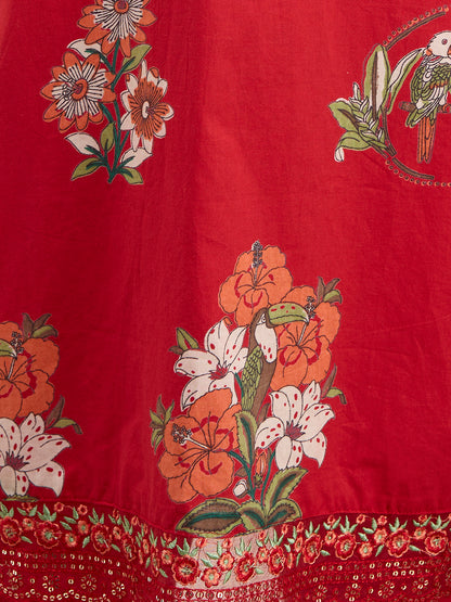 Ethnic Floral Printed Embroidered Straight Kurta with Pant & Dupatta - Red