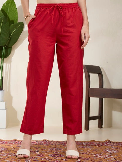 Ethnic Floral Printed Embroidered Straight Kurta with Pant & Dupatta - Red