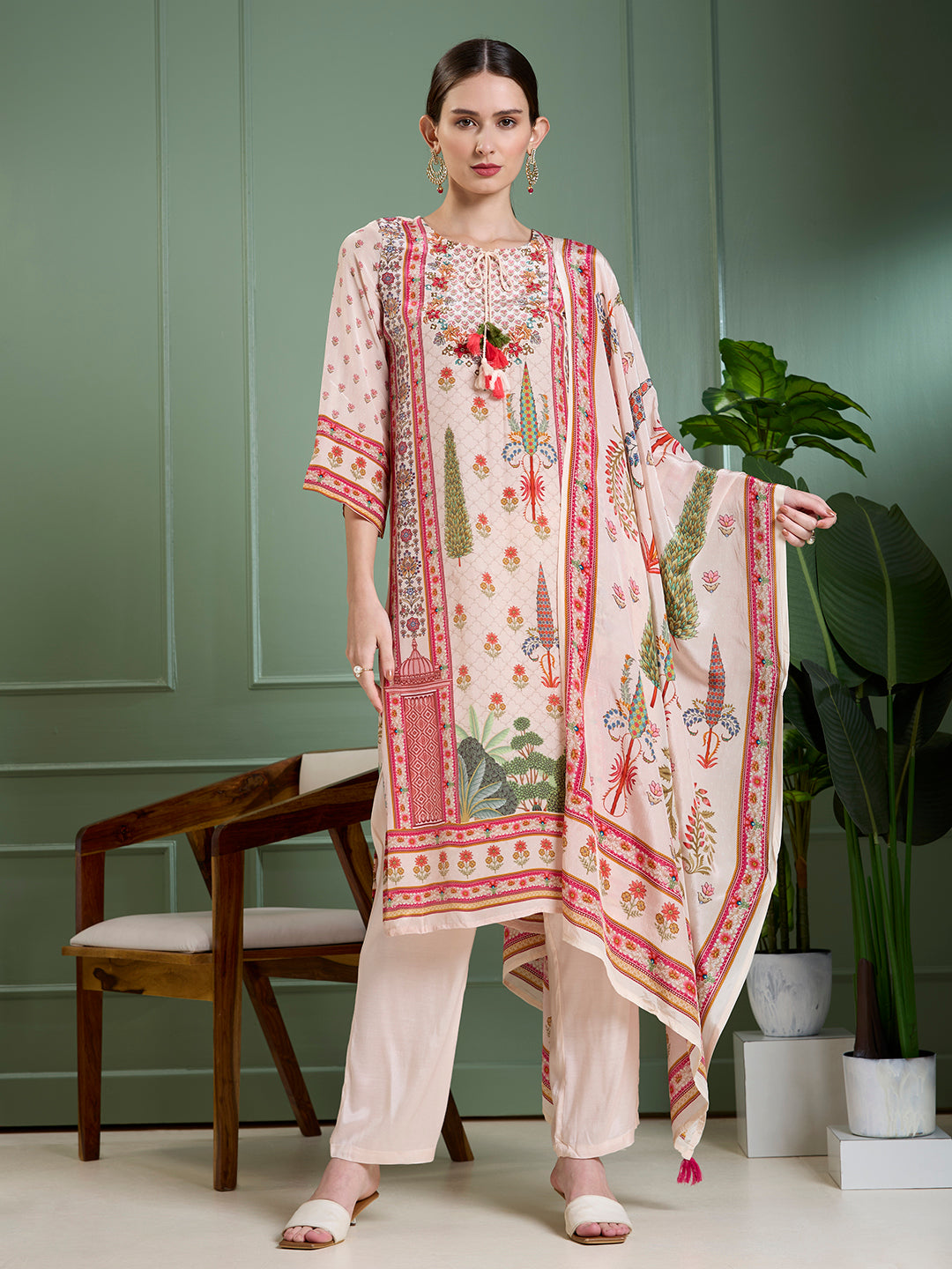 Ethnic Printed & Embroidered Straight Kurta with Pant & Dupatta - Cream
