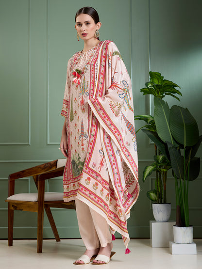 Ethnic Printed & Embroidered Straight Kurta with Pant & Dupatta - Cream