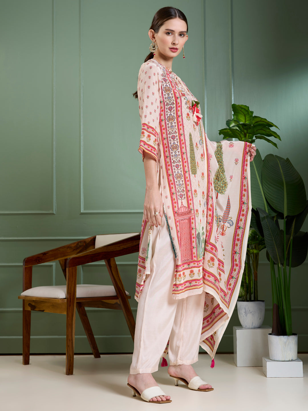 Ethnic Printed & Embroidered Straight Kurta with Pant & Dupatta - Cream