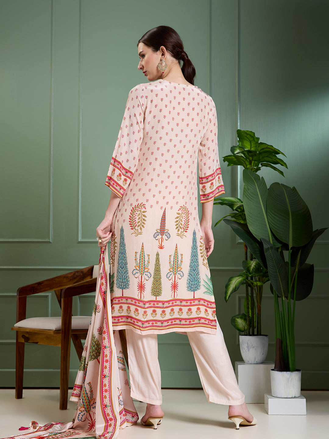Ethnic Printed & Embroidered Straight Kurta with Pant & Dupatta - Cream