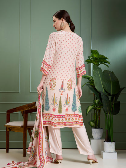 Ethnic Printed & Embroidered Straight Kurta with Pant & Dupatta - Cream