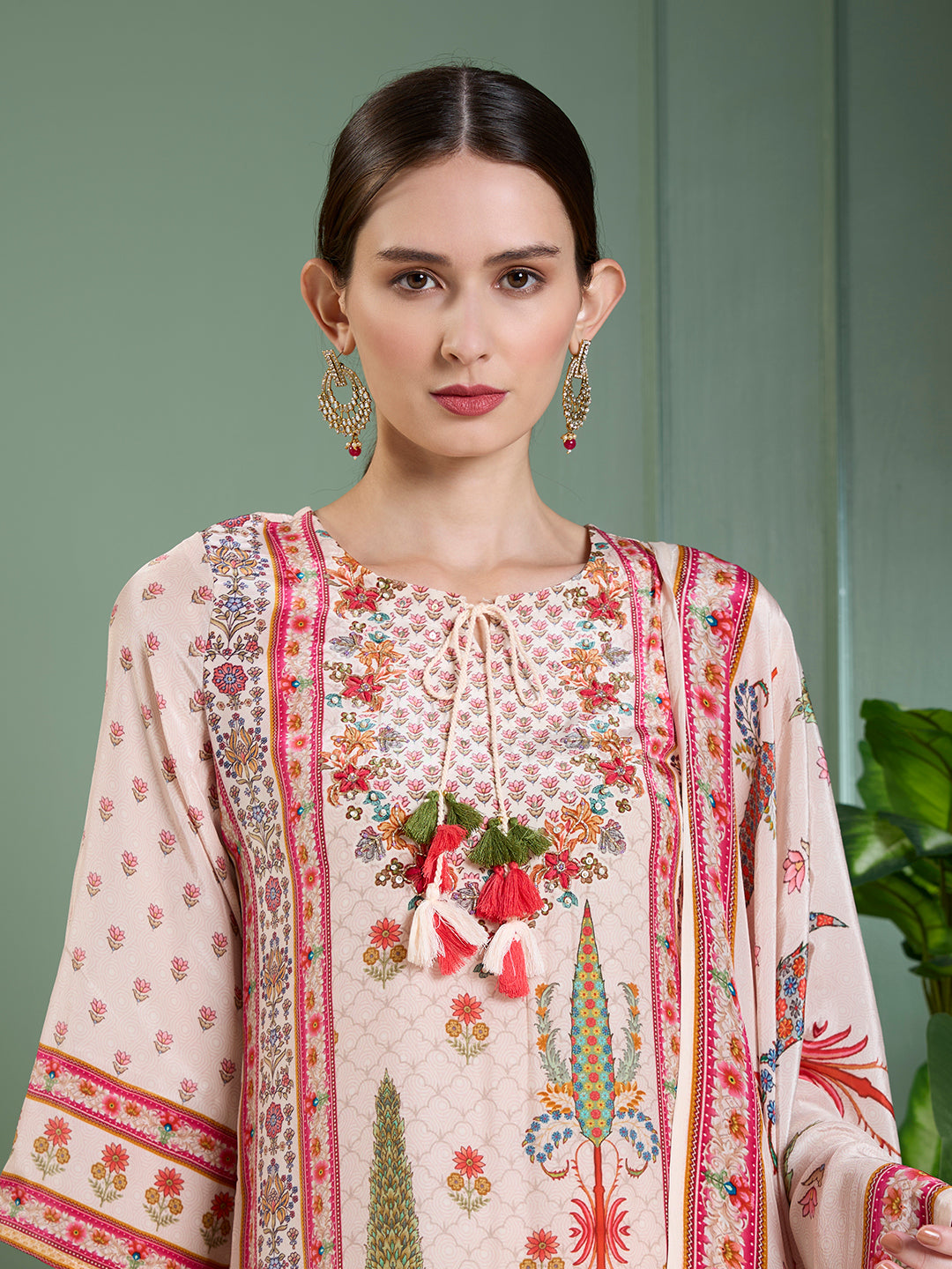 Ethnic Printed & Embroidered Straight Kurta with Pant & Dupatta - Cream