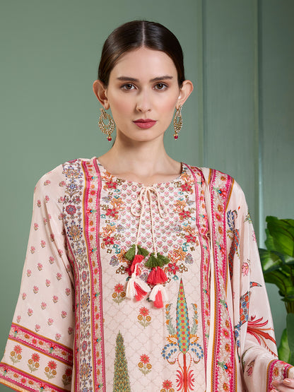 Ethnic Printed & Embroidered Straight Kurta with Pant & Dupatta - Cream