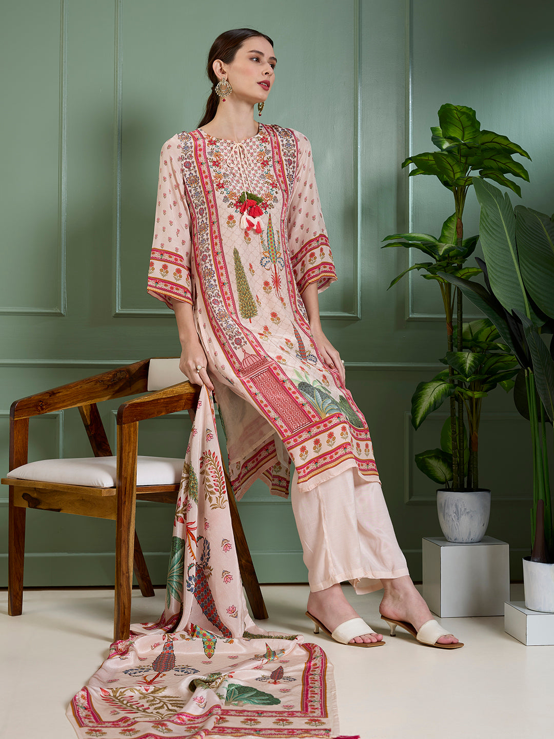 Ethnic Printed & Embroidered Straight Kurta with Pant & Dupatta - Cream