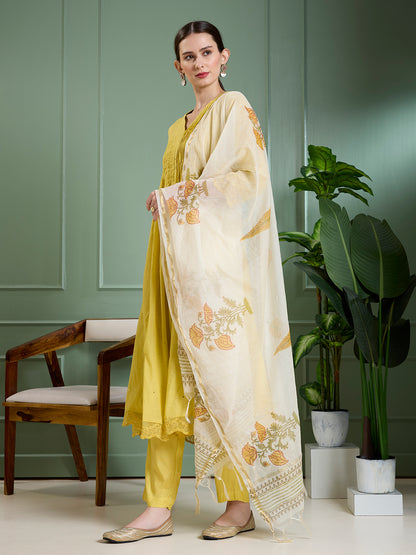 Ethnic & A-Line Pleated Kurta with Palazzo & Floral Printed Dupatta - Yellow