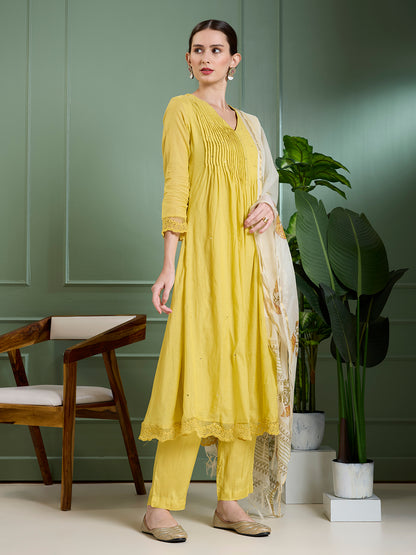 Ethnic & A-Line Pleated Kurta with Palazzo & Floral Printed Dupatta - Yellow