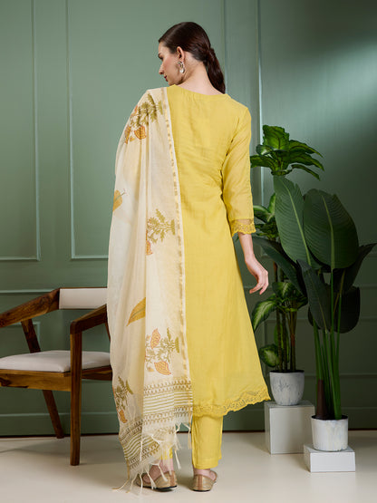 Ethnic & A-Line Pleated Kurta with Palazzo & Floral Printed Dupatta - Yellow
