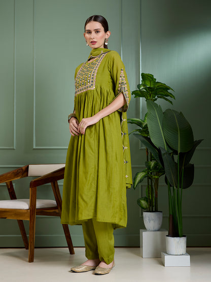 Festive Mirror Embroidered A-Line Pleated with Pant & Scalloped Dupatta - Green