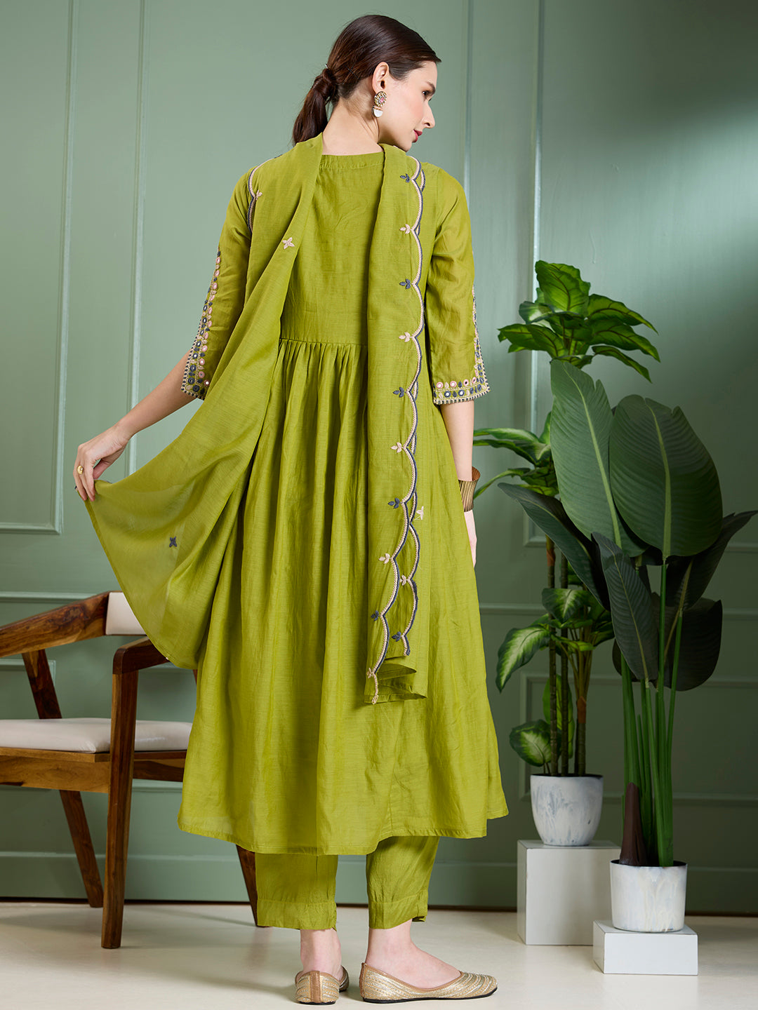 Festive Mirror Embroidered A-Line Pleated with Pant & Scalloped Dupatta - Green