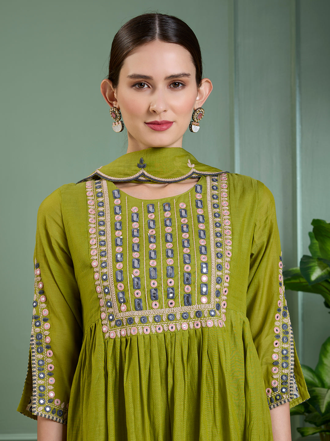 Festive Mirror Embroidered A-Line Pleated with Pant & Scalloped Dupatta - Green