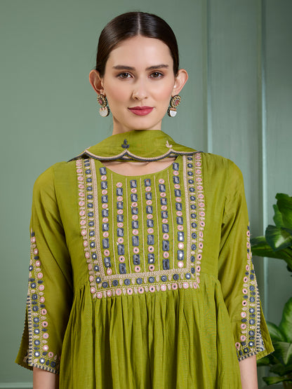 Festive Mirror Embroidered A-Line Pleated with Pant & Scalloped Dupatta - Green