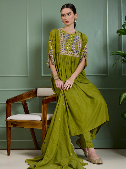 Festive Mirror Embroidered A-Line Pleated with Pant & Scalloped Dupatta - Green