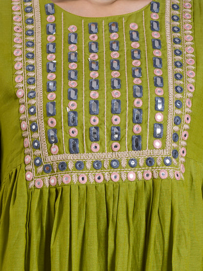 Festive Mirror Embroidered A-Line Pleated with Pant & Scalloped Dupatta - Green