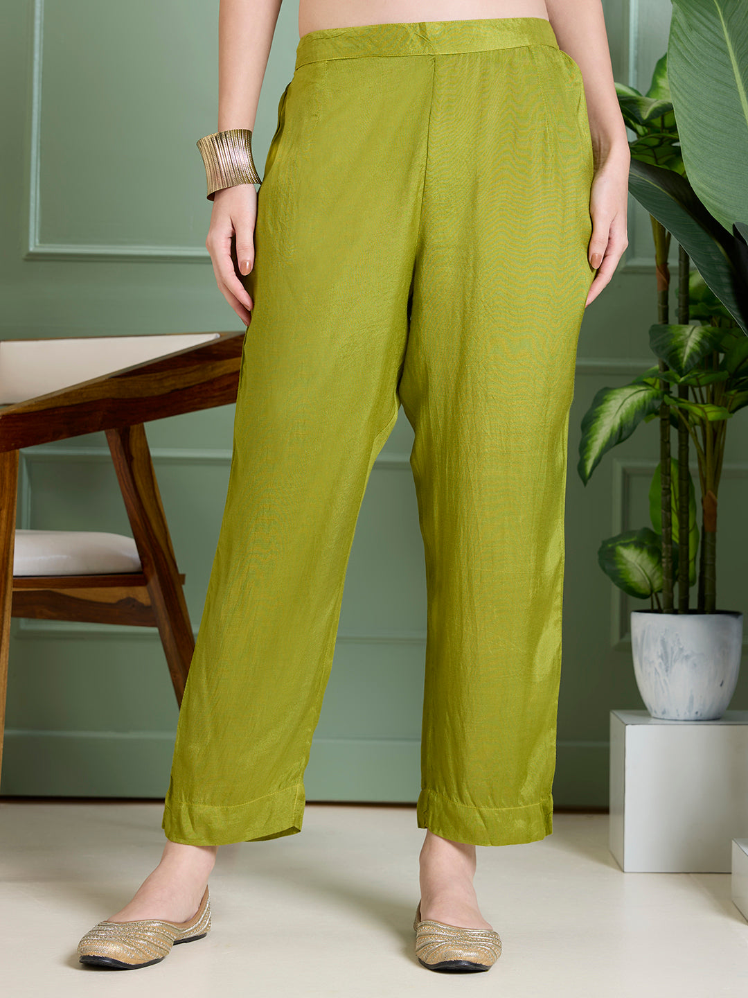 Festive Mirror Embroidered A-Line Pleated with Pant & Scalloped Dupatta - Green