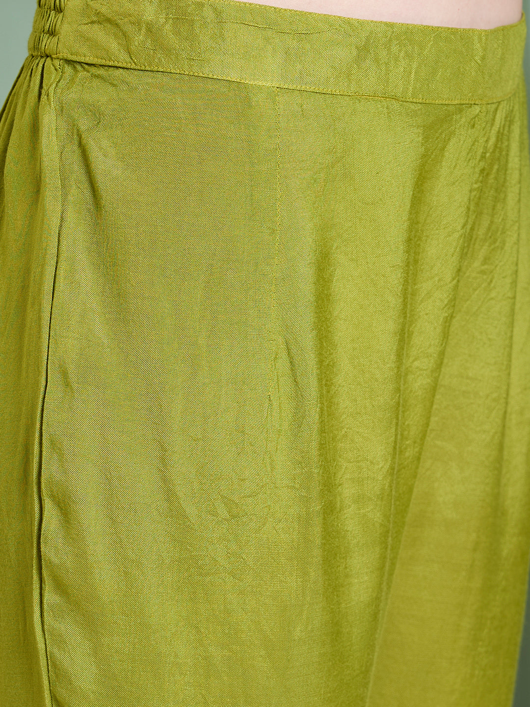 Festive Mirror Embroidered A-Line Pleated with Pant & Scalloped Dupatta - Green