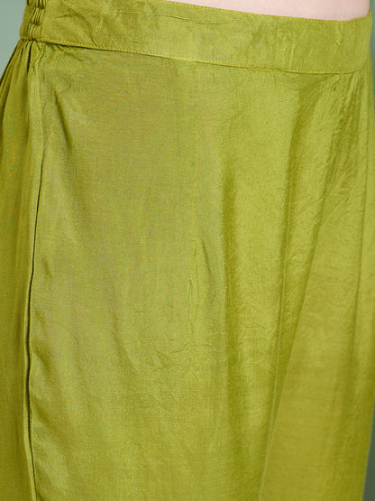 Festive Mirror Embroidered A-Line Pleated with Pant & Scalloped Dupatta - Green