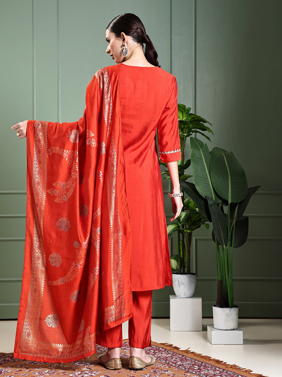 Solid Lotus Embroidered Straight Kurta with Pant & Dupatta - Rust
