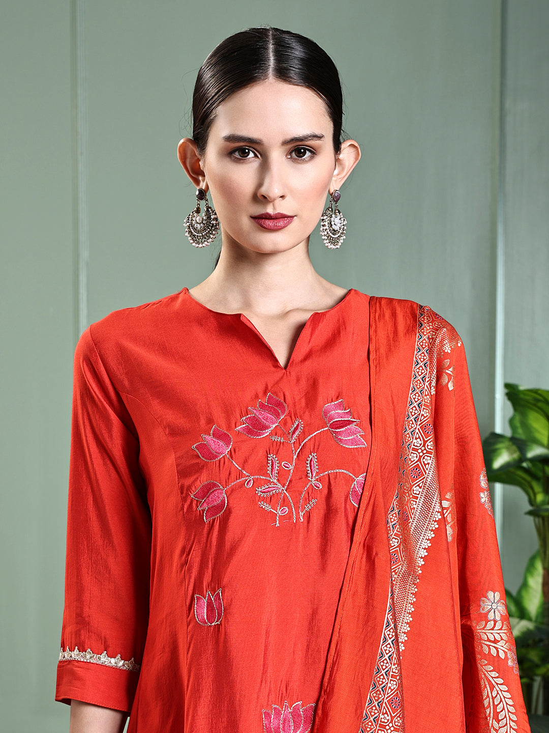 Solid Lotus Embroidered Straight Kurta with Pant & Dupatta - Rust
