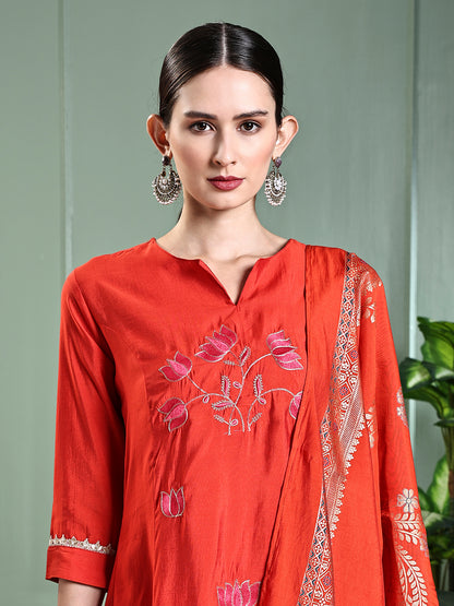 Solid Lotus Embroidered Straight Kurta with Pant & Dupatta - Rust
