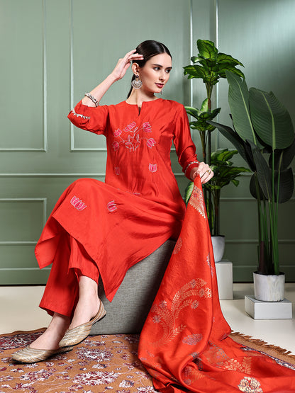Solid Lotus Embroidered Straight Kurta with Pant & Dupatta - Rust