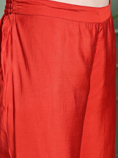 Solid Lotus Embroidered Straight Kurta with Pant & Dupatta - Rust