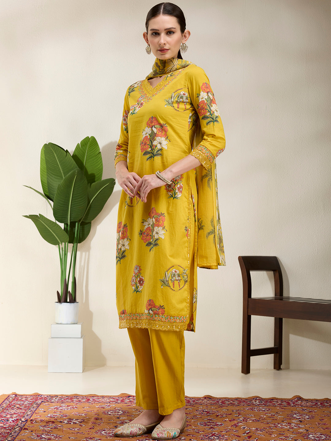 Ethnic Floral Printed Embroidered Straight Kurta with Pant & Dupatta - Yellow