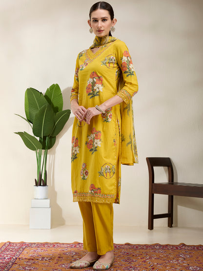 Ethnic Floral Printed Embroidered Straight Kurta with Pant & Dupatta - Yellow
