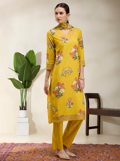 Ethnic Floral Printed Embroidered Straight Kurta with Pant & Dupatta - Yellow