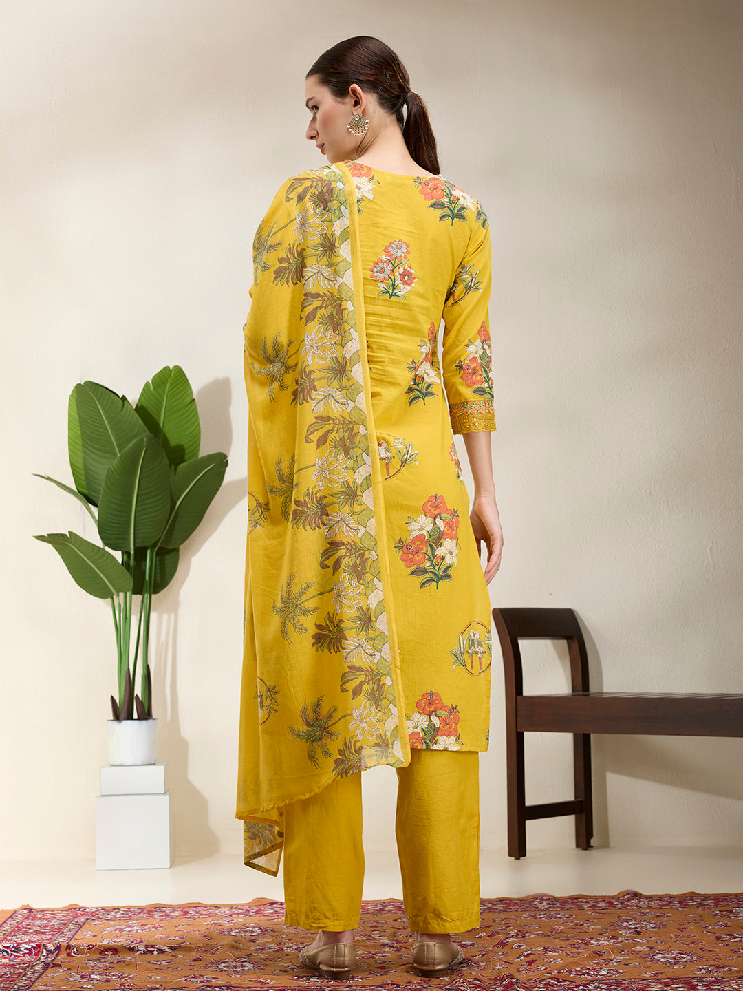 Ethnic Floral Printed Embroidered Straight Kurta with Pant & Dupatta - Yellow