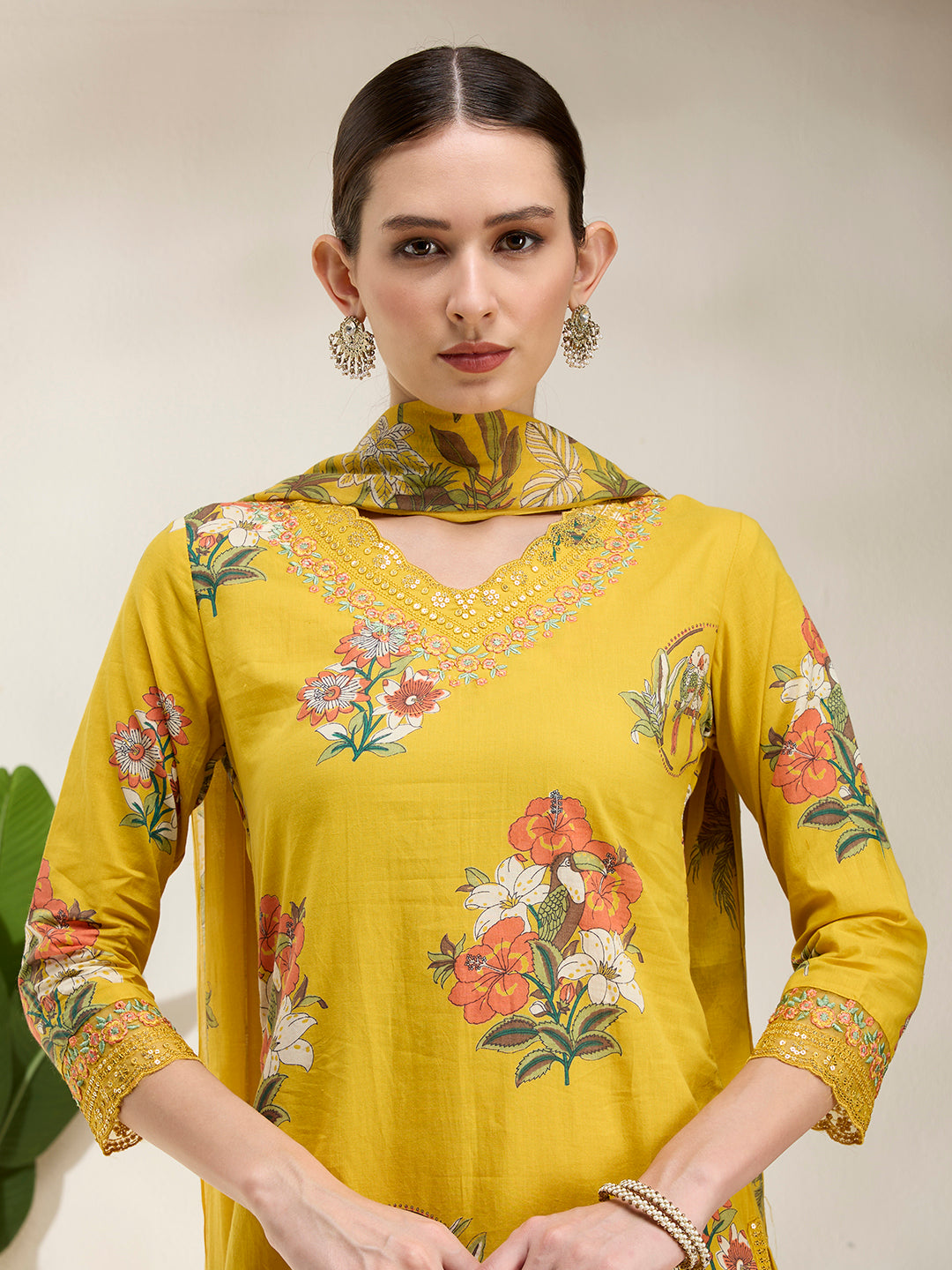 Ethnic Floral Printed Embroidered Straight Kurta with Pant & Dupatta - Yellow