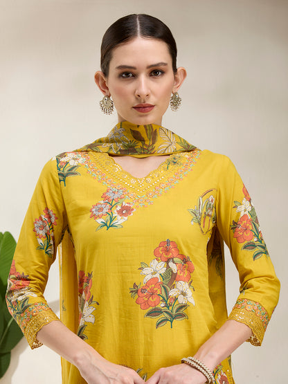 Ethnic Floral Printed Embroidered Straight Kurta with Pant & Dupatta - Yellow