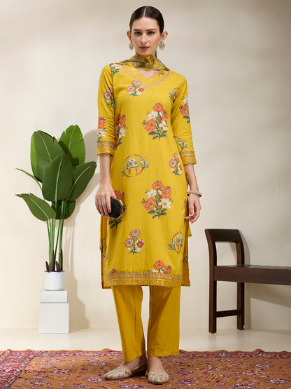 Ethnic Floral Printed Embroidered Straight Kurta with Pant & Dupatta - Yellow