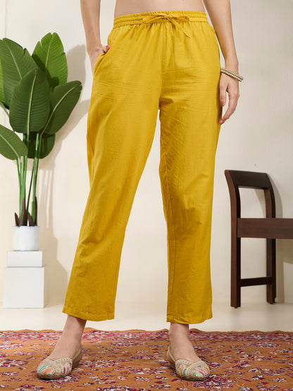 Ethnic Floral Printed Embroidered Straight Kurta with Pant & Dupatta - Yellow