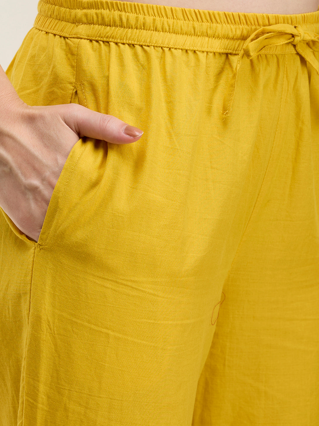 Ethnic Floral Printed Embroidered Straight Kurta with Pant & Dupatta - Yellow