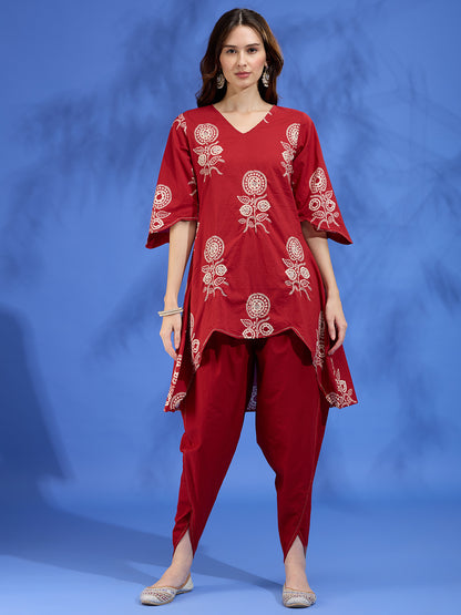 Ethnic Floral Printed Embroidered A-Line High Low Kurta with Dhoti Pant - Maroon